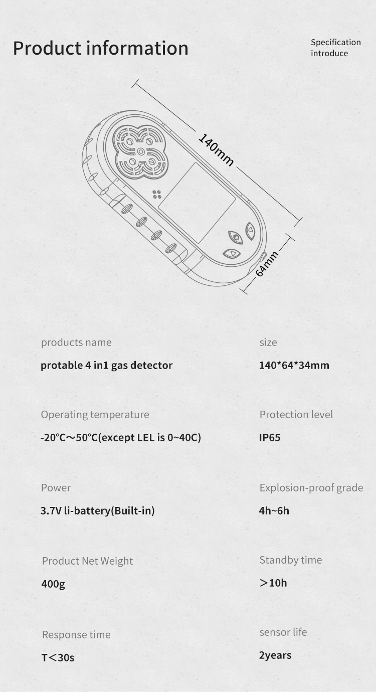 Coal Mine Handheld 4 Gas Monitor Analyzer Electrochemical Sensor Portable 4 in 1 CH4 O2 H2s Co Ex Oxygen Multi Gas Detector