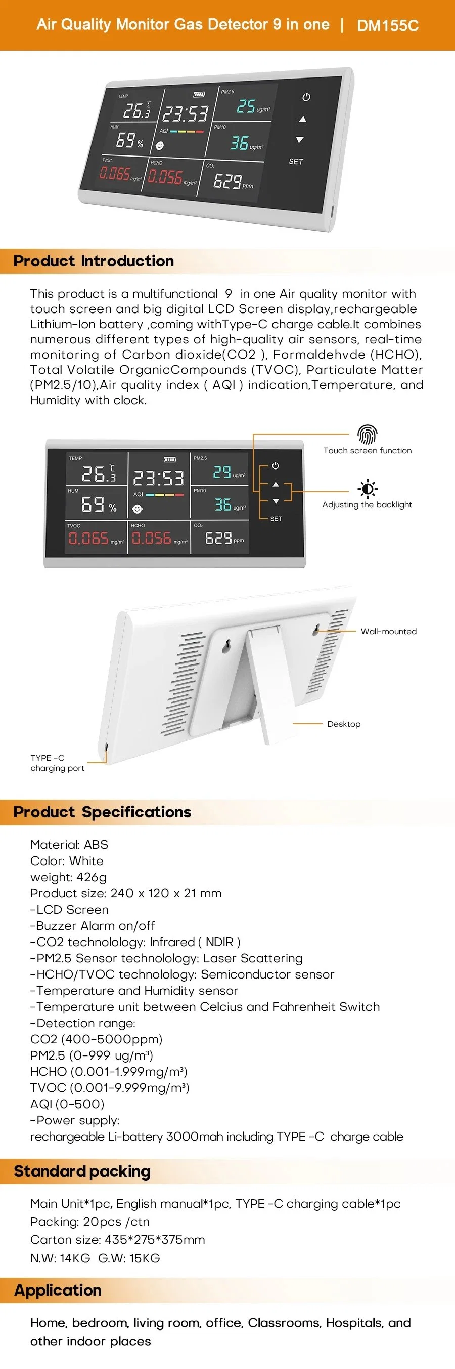 8-in-1 Gas Analyzer Air Quality Monitor for Temperature Humidity CO2 Formaldehyde