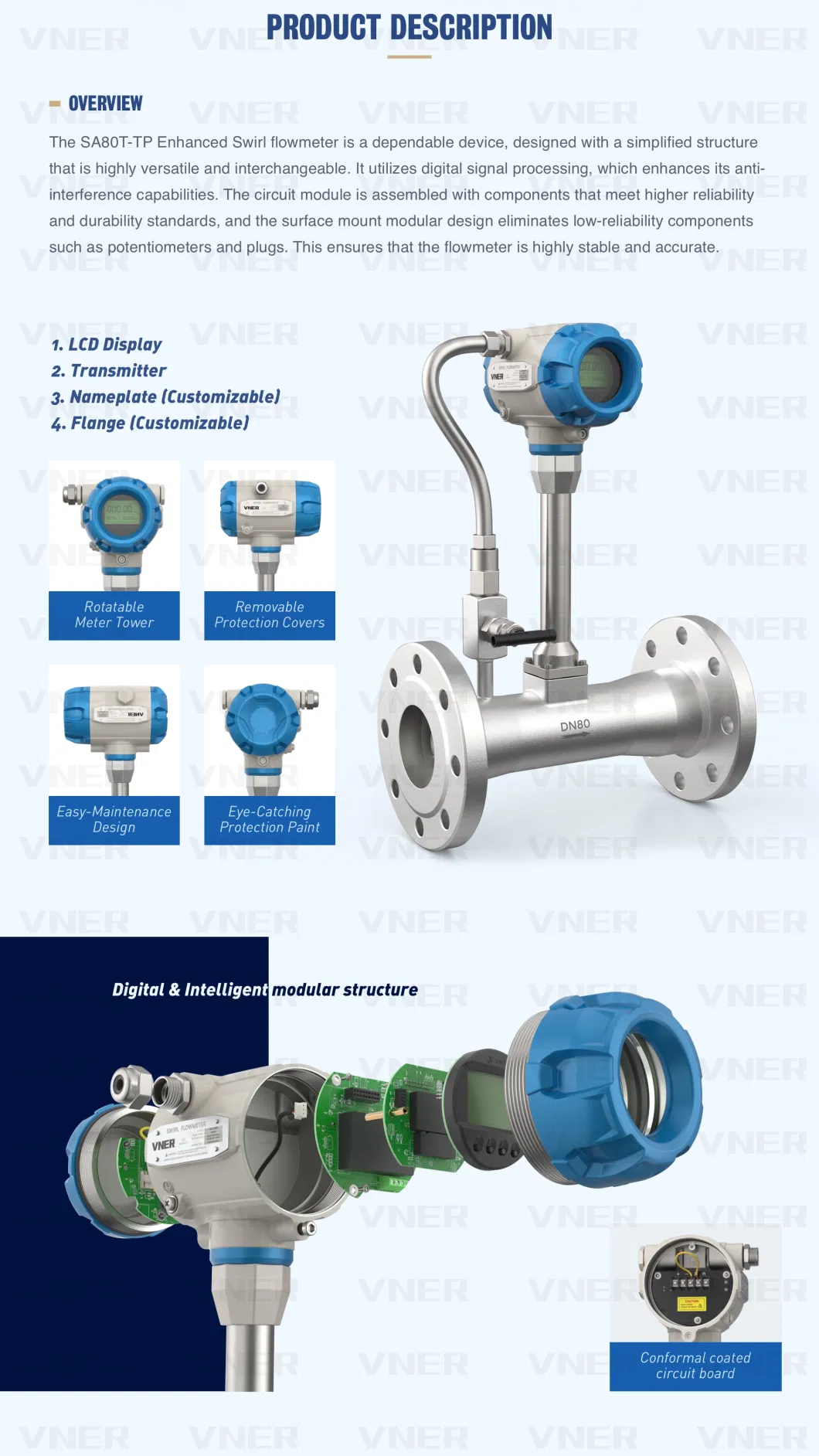 Temperature and Pressure Compensation Swirl Vortex Precession Flow Meter for Oxygen