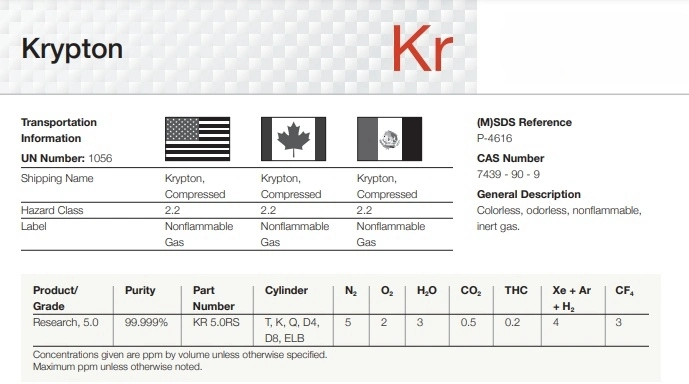 5.0n Grade Industrial Gases Krypton Gas Kr Manufactuer