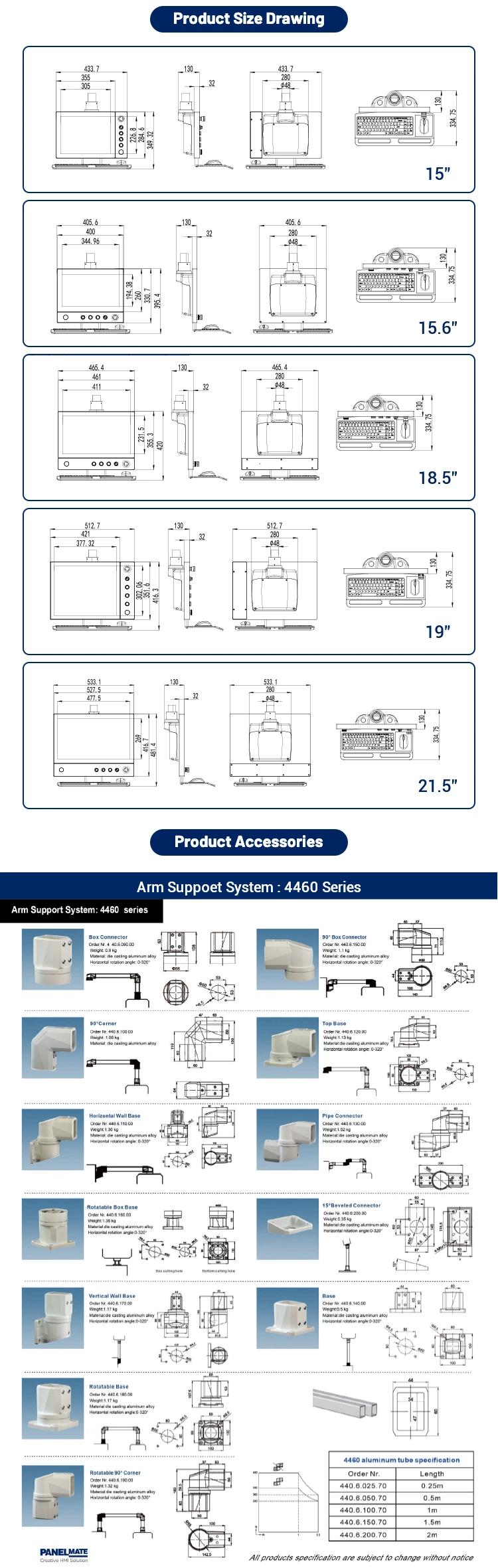 Industrial 15inch Support Arm Systems Intel Skylake I5 5keys HMI Aluminum Magnisum Swivel Arm Industrial Panel PC