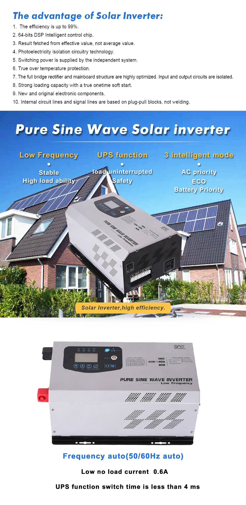 12V/24V/48V 2000W LCD Low Frequency Pure Sina Wave Solar Inverter with UPS