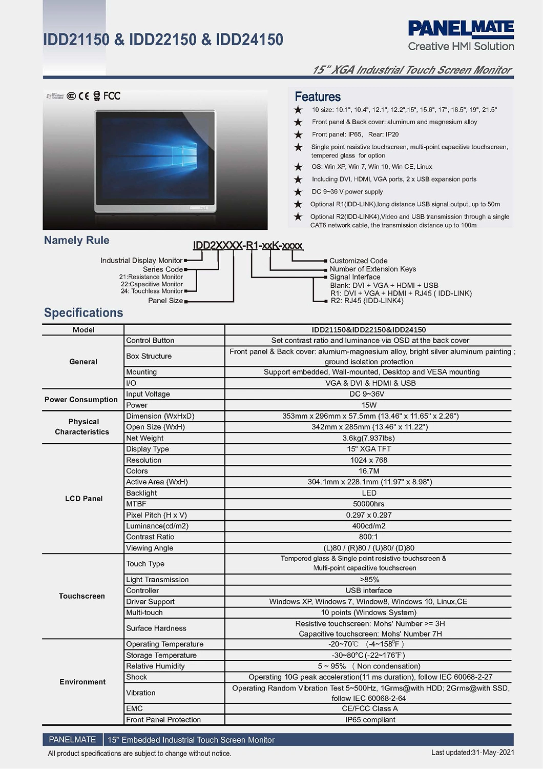 15 Inch Industrial Control Panel Resistive Touch Screen Embedded Industrial Panel Display IP65waterproof&Dustproof HMI Industrial Tablet LCD Monitor