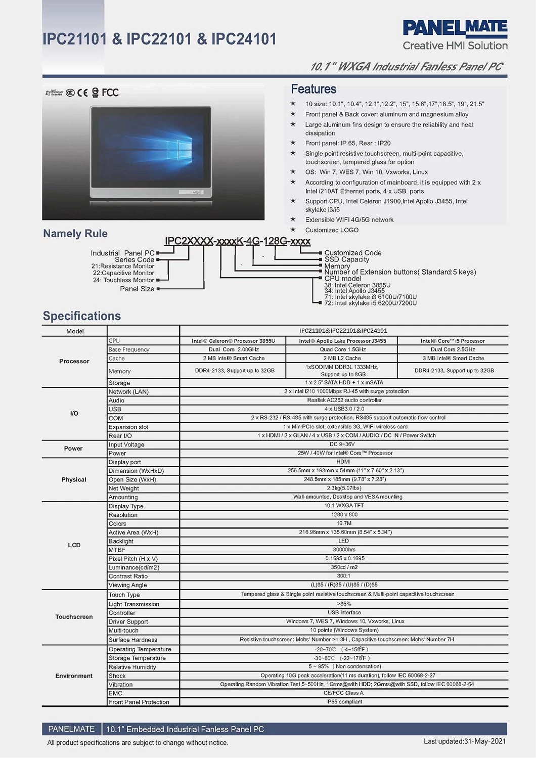 10.1 Inch Industrial Embedded PC IP65 Waterproof Dustproof Tempered Glass Screen Core I3 CPU 7100u Codesys Fanless HMI Panel PC All-in-One Computer Tablet PC