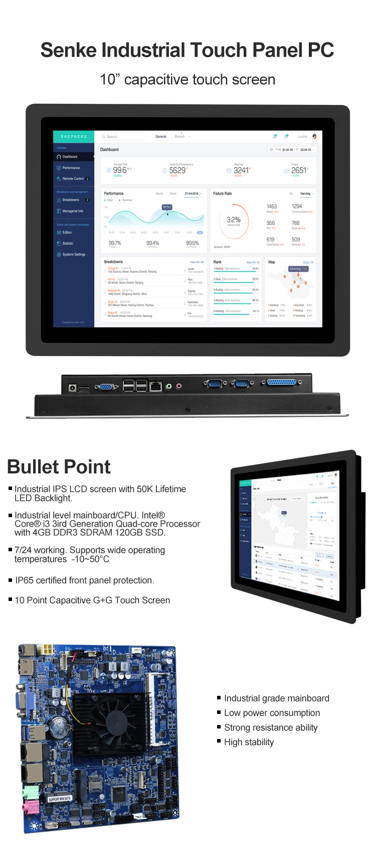 10.1 Inch Desktop Wall Mounted Waterproof IP65 Window HMI COM USB Touch Screen Display Panel PC Industrial Monitor Tablet