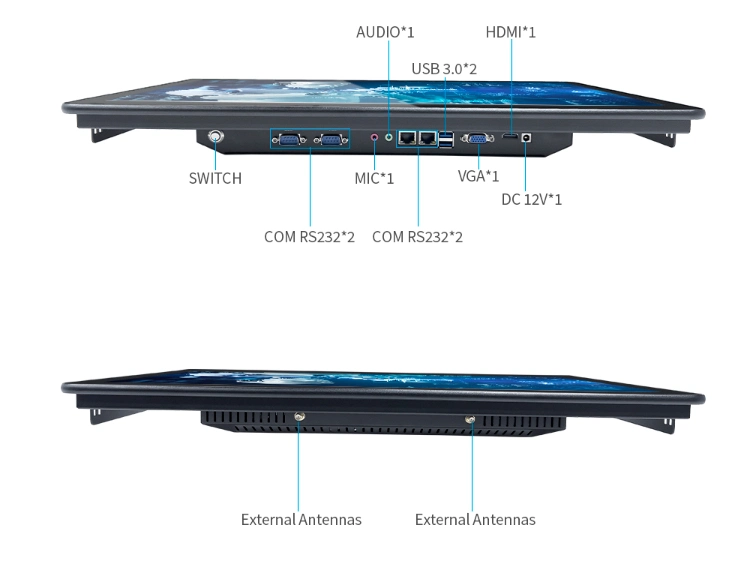 Industrial HMI Monitor External Antennas HDMI Audio Switch Mic VGA DC RS232 Industrial Touchscreen Monitor