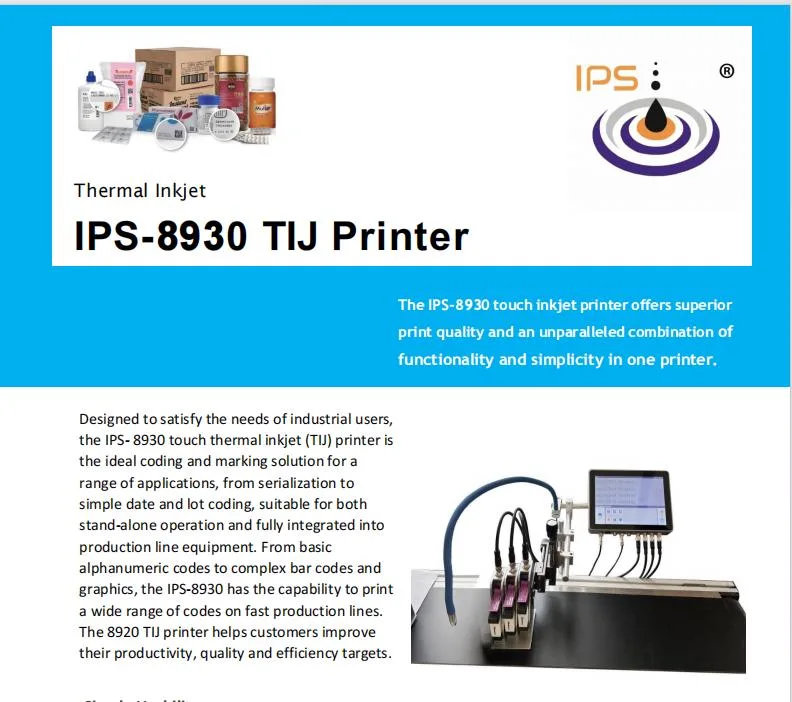 IPS-8930 25.4mm User-Friendly Tij Printer Thermal Inkjet Multi-Line Printing Product Labeling