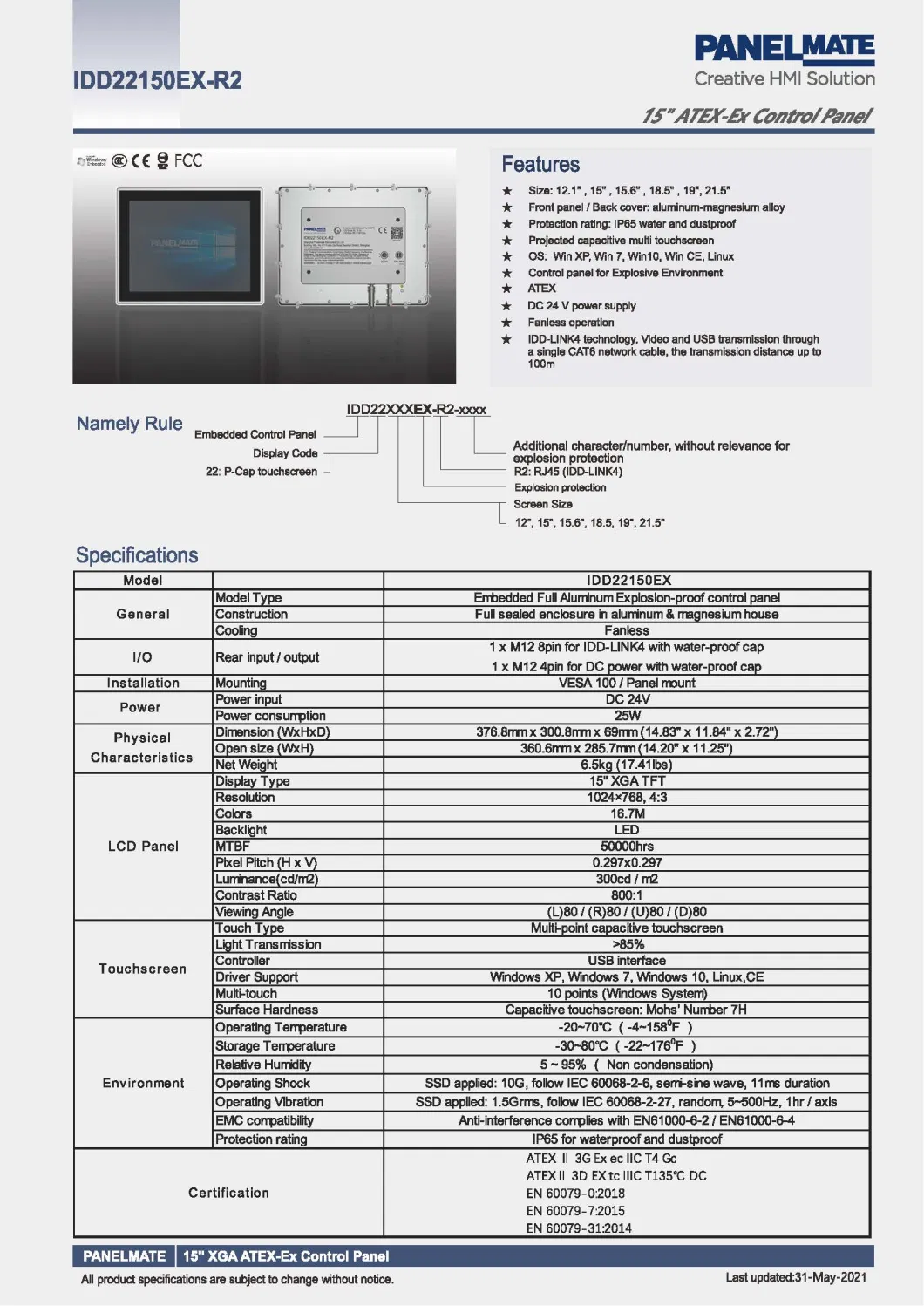 15 Inch Industrial Embedded Atex Explosion-Proof Control Panel Monitor Kvm Extender IP65 Waterproof Dustproof Capacitive Touch Screen Monitor HMI LCD Display