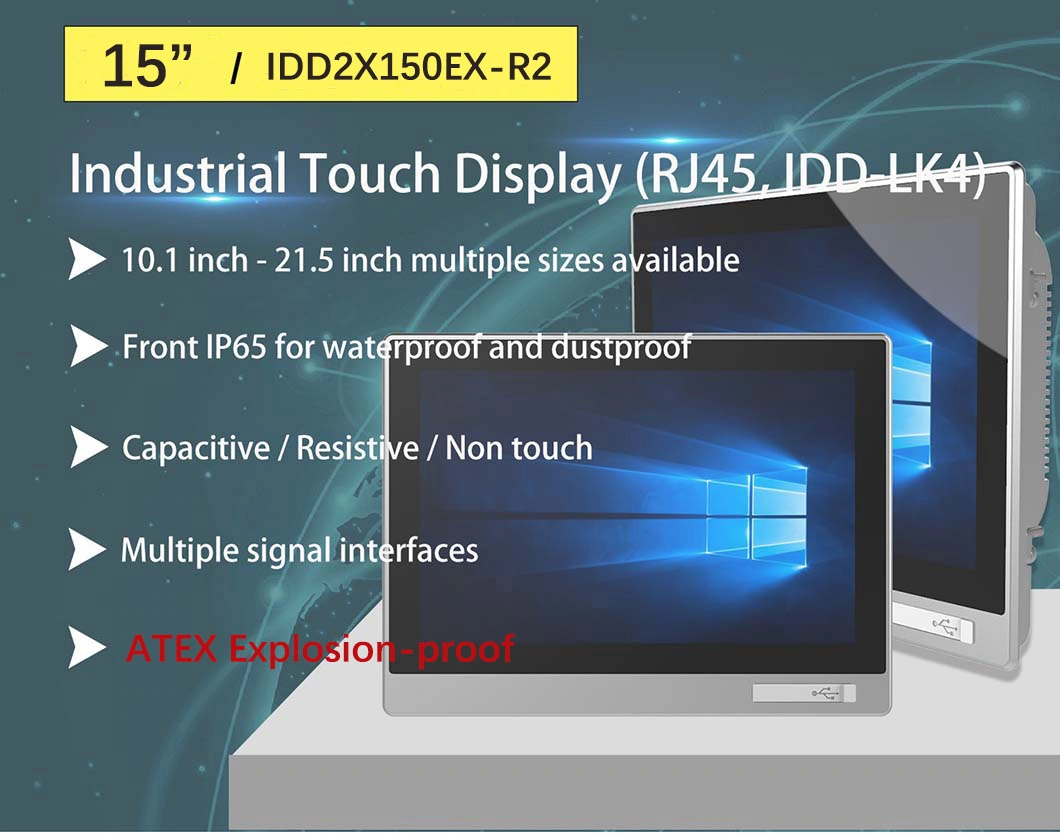 15 Inch Industrial Embedded Atex Explosion-Proof Control Panel Monitor Kvm Extender IP65 Waterproof Dustproof Capacitive Touch Screen Monitor HMI LCD Display