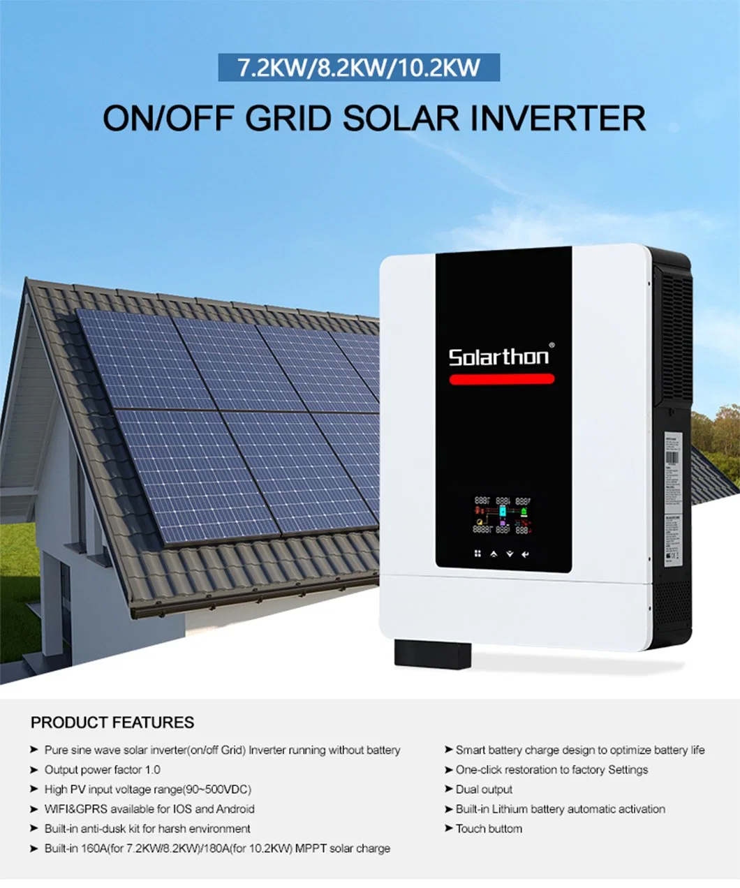 Solarthon off Grid Hybrid Inverter Single Phase 7.2kw 8.2kw 10.2kw MPPT Pure Sine Wave Solar Inverter Price