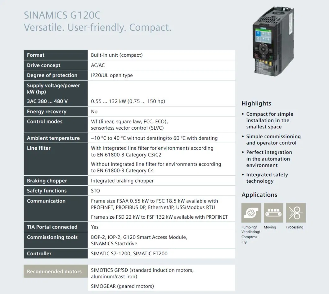 Siemens Sinamics V20 VFD Bop Siemens V20 Inverter 22kw Frequency Converter 0.37kw