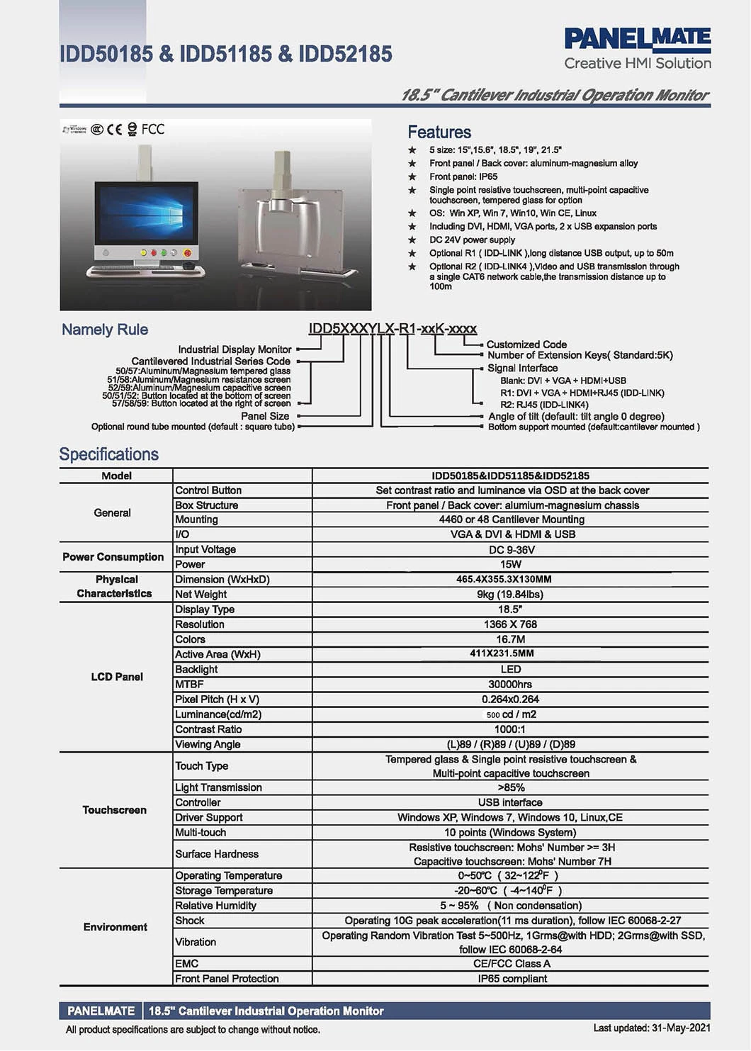 18.5 Inch Industrial Operation Panel HMI Cantilever Enclosure Supported Arm System Control Panel IP65 Tempered Glass Screen LCD Display Panel Monitor