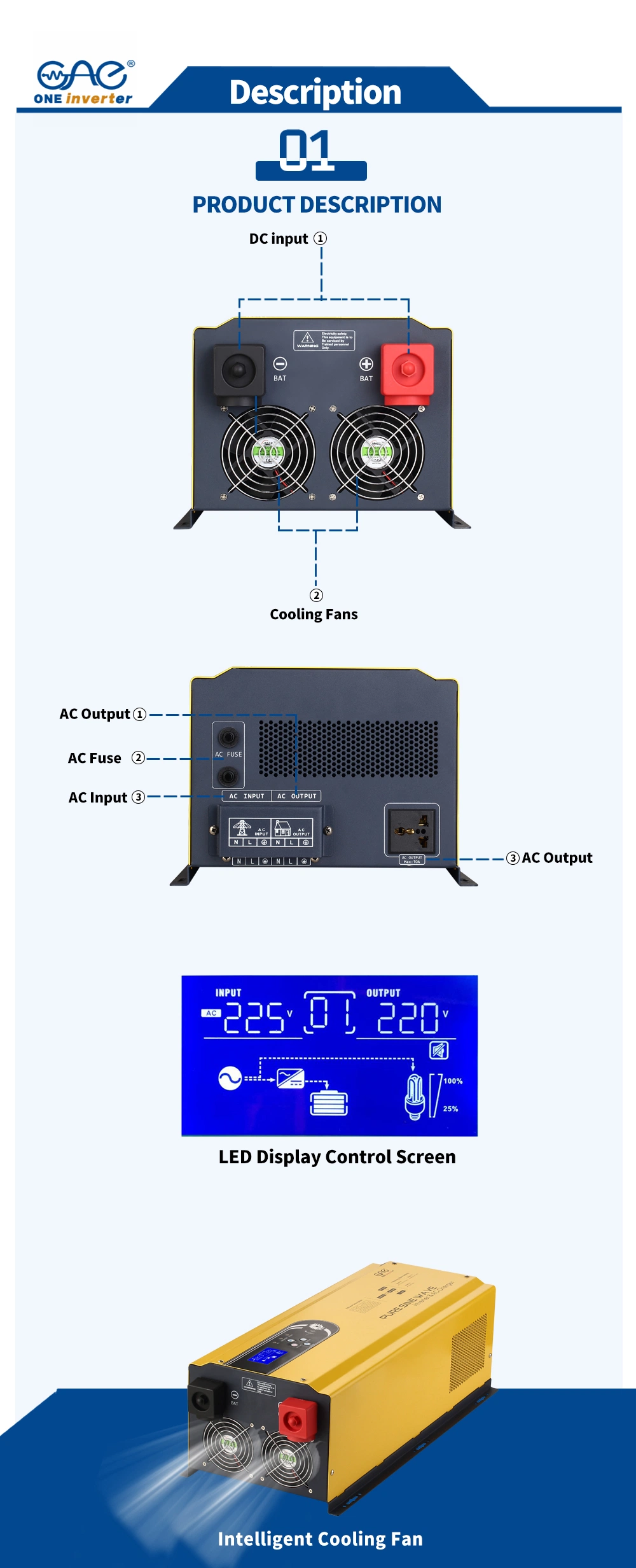 3000W 12VDC 24VDC 220VAC Pure Sine Wave Home Inverter with Charger