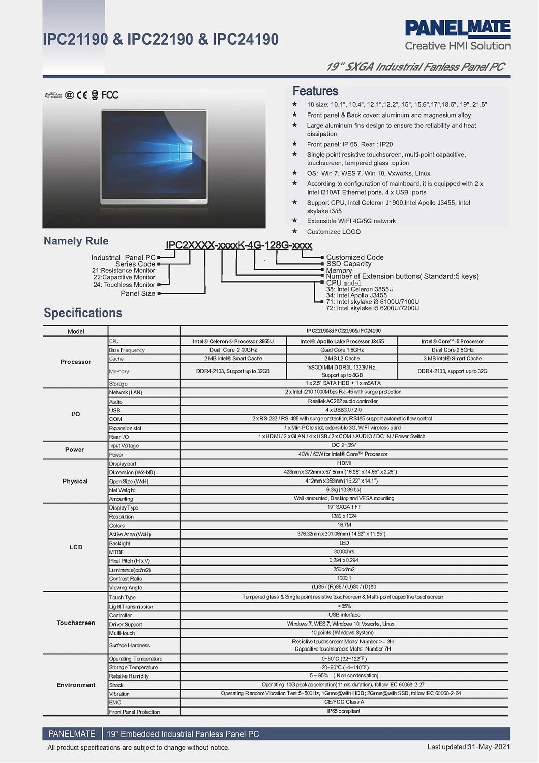 19 Inch Industrial Rugged Table PC IP65 Waterproof Dustproof Tempered Glass Screen Intel Skylake I5 CPU 7200u Codesys All-in-One Computer HMI Panel PC