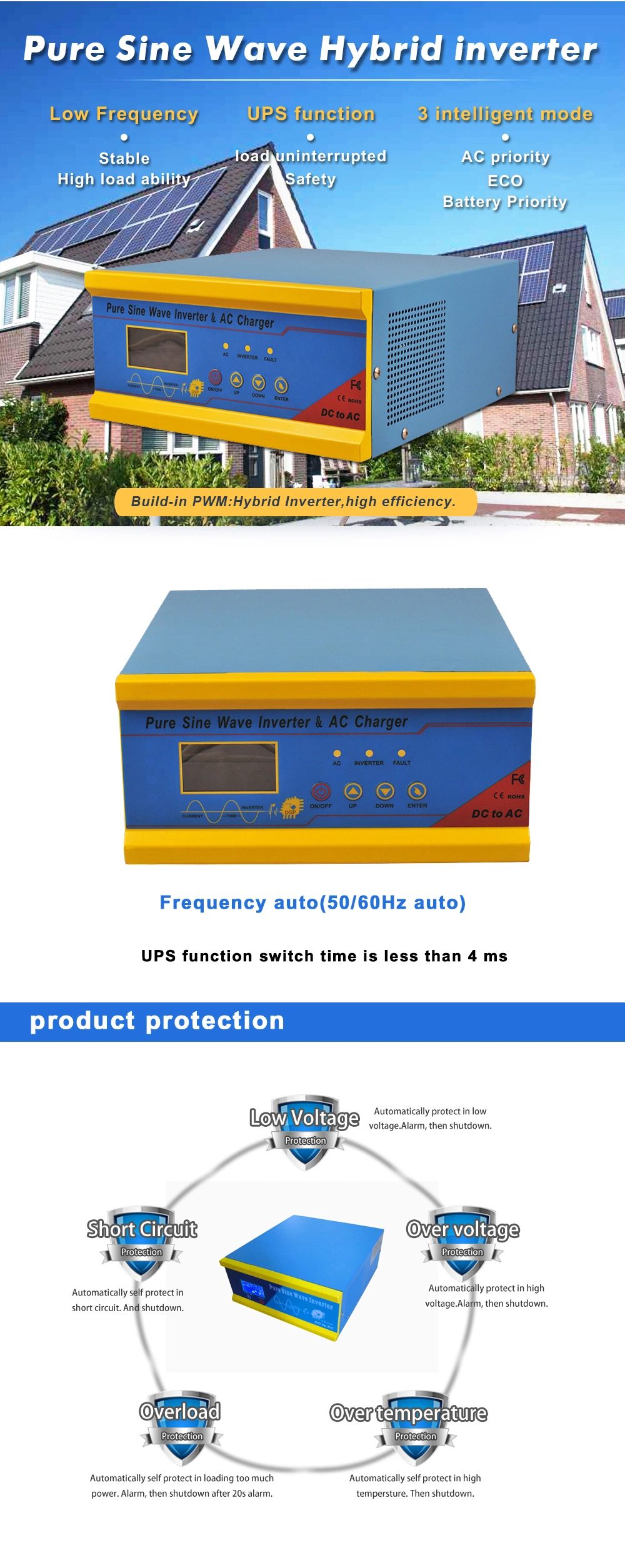 350watts 24VDC and 600watts 48VDC off Grid Hybrid Solar Inverter with Built in MPPT 80A