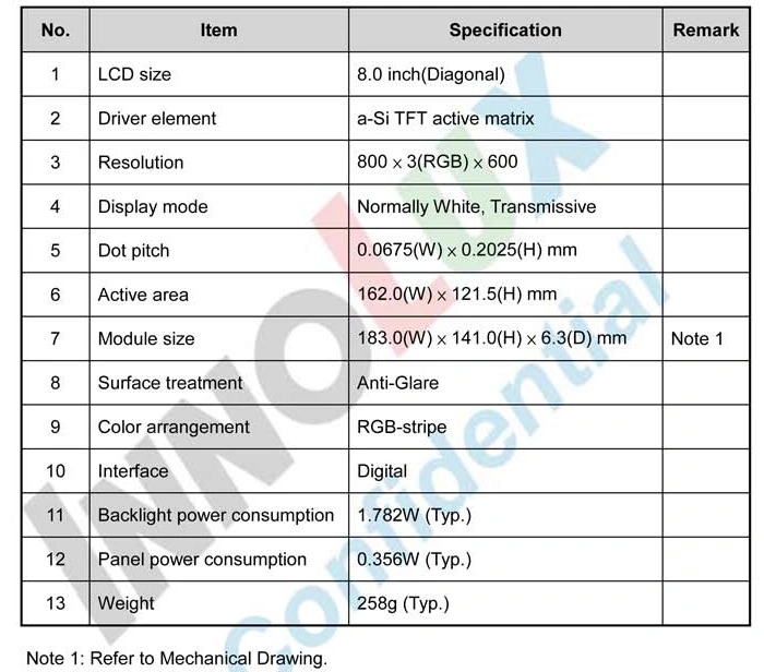 High Brightness 8-Inch Innolux TFT LCD Display Module 800X600 Optional Touch