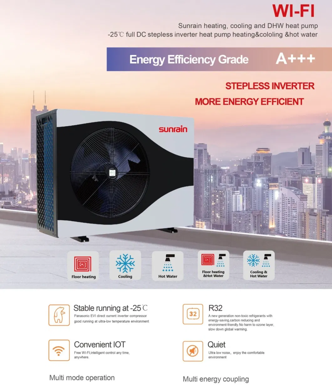 Sunrain CE a+++ Germany Solar Warmepumpe R32 Refrigerant Air to Water Monoblock Full DC Inverter Heat Pump 6kw 10kw 14kw 18kw