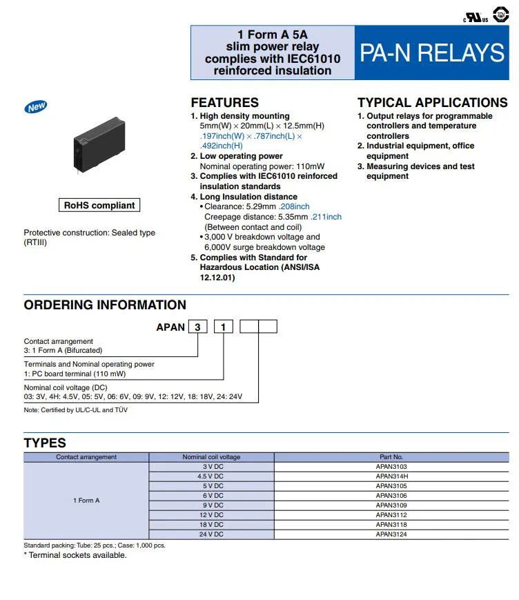 APAN3105 General Purpose Relays 5.0volts 1 Form A PLC Relay