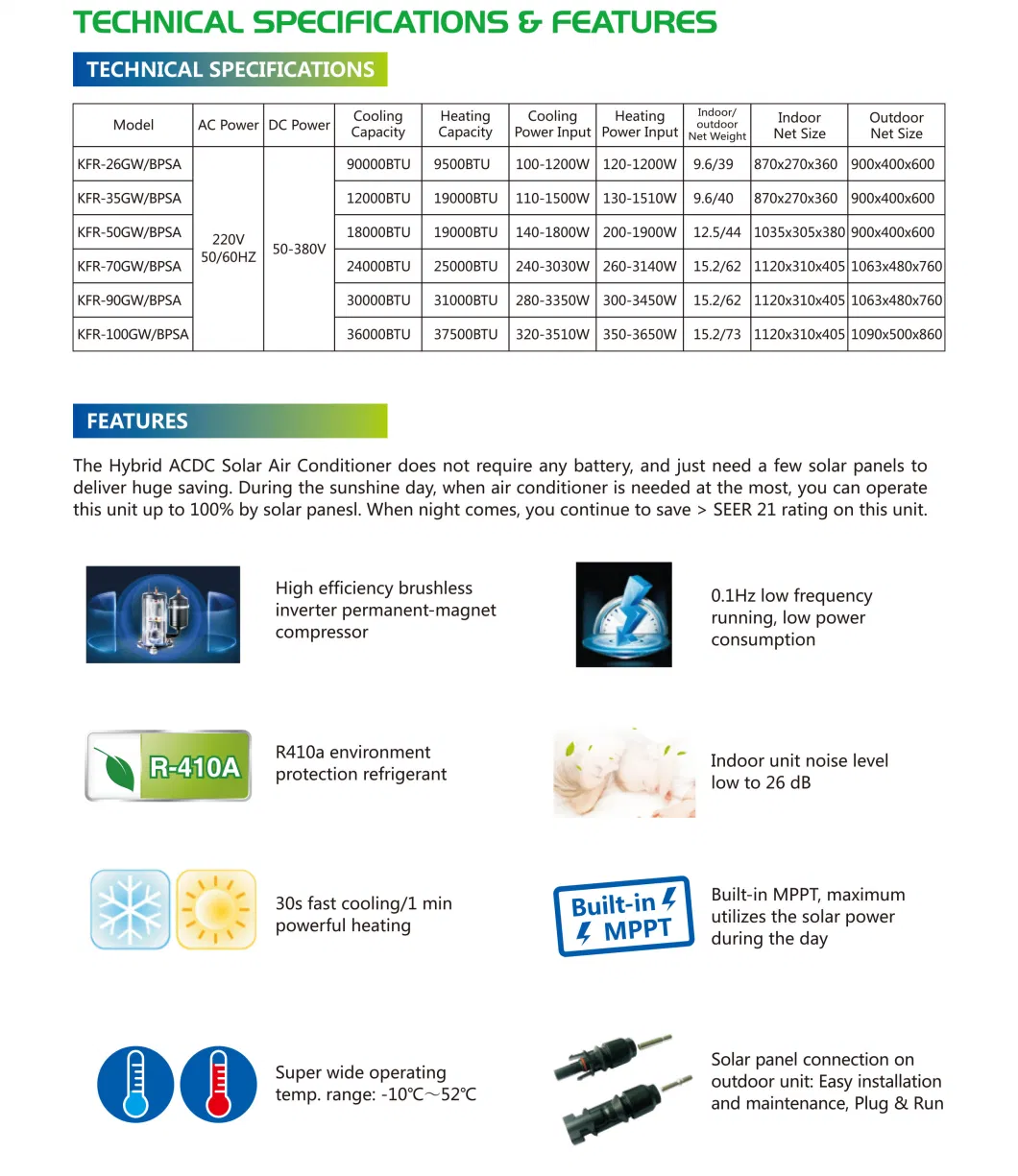 100% Solar Air Conditioner Split System 48V DC Inverter 12000BTU Wall Split Air Condition