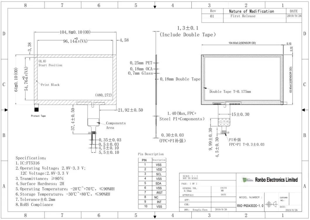 4.3 Inch Capacitive Touchscreen P + G Structure Multi Touch with I2c Interface