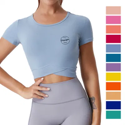 Custom Wholesale High Quality Scren Print Crop Top Women Yoga Sport Gym Elastic Slim Fit Round Neck Women Crop Top