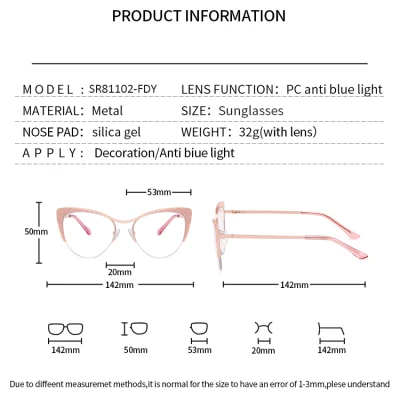 Wholesale New Cat Eye Metal Half Frame Fashion Women&prime;s Flat Light Mirror Blue Light Eye Protection Lens Frame Glasses