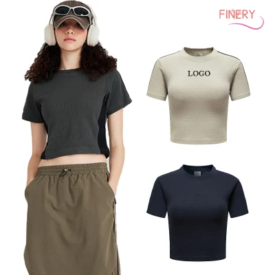  Summer New Style 225GSM Contrast Color Waffle Customized Vintage Y2K Round Neck Cropped Top for Women