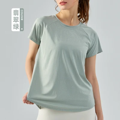2023 Spring and Summer Round-Neck Yoga Short Sleeve Loose Casual Sports T-Shirt Running Fitness Gym Top