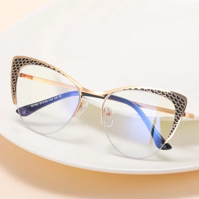Wholesale New Cat Eye Metal Half Frame Fashion Women&prime;s Flat Light Mirror Blue Light Eye Protection Lens Frame Glasses