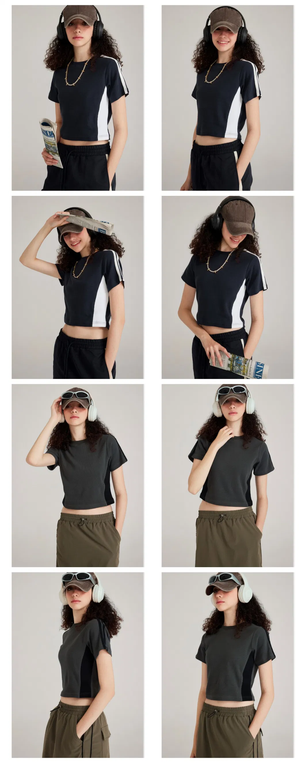 Summer New Style 225GSM Contrast Color Waffle Customized Vintage Y2K Round Neck Cropped Top for Women