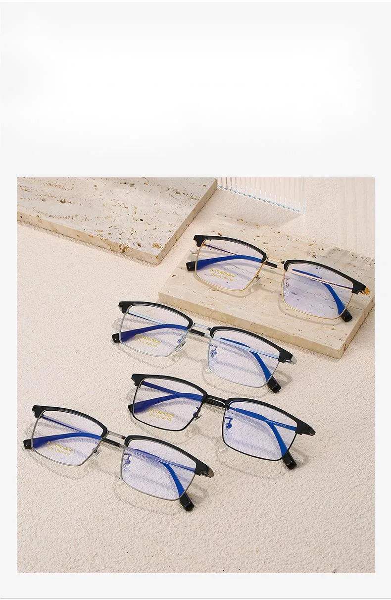 New Classic Square Half Titanium Material Metal Anti Blue Light Flat Lens Glasses for Man