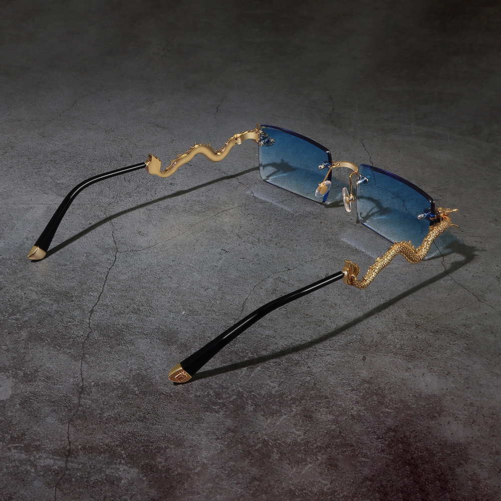 Yeetian Gradient Blue Lens Luxurious Women 24K Gold Plated China Dragon Rimless for Men