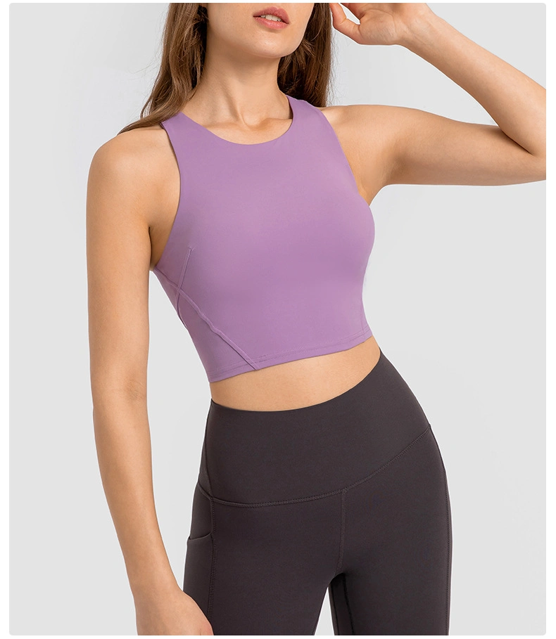 Lu-16 2022 Spring and Summer New Pull-up Round Tie Chest Pad Yoga Vest Nude Tight High-Elastic Sports Fitness Top Women