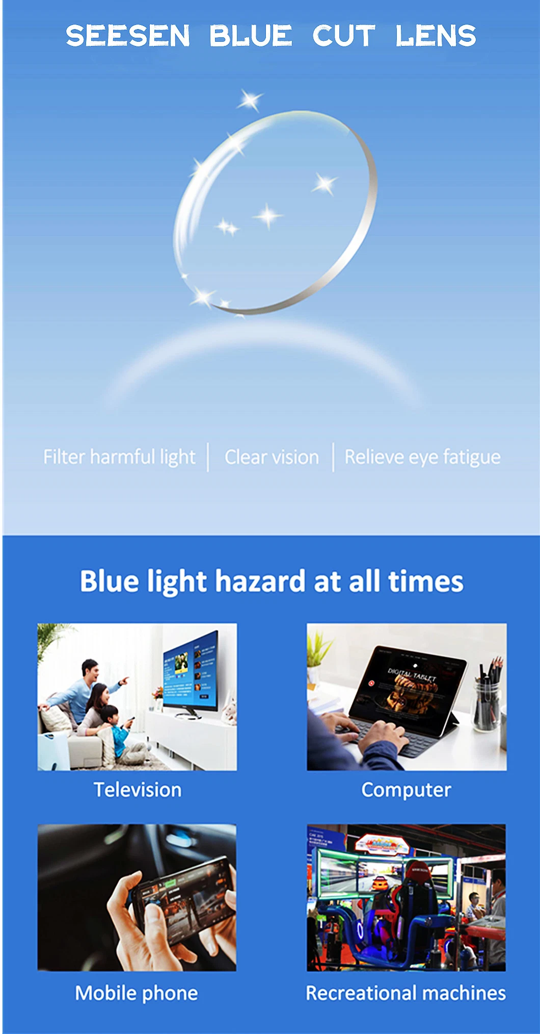 Cr39 1.499/1.56/1.61/1.67/1.74/1.59 Resin Bifocal, Progressive, Blue Light Cut, Photochromic Eyeglasses Optical Lens Prescription Optical Lens