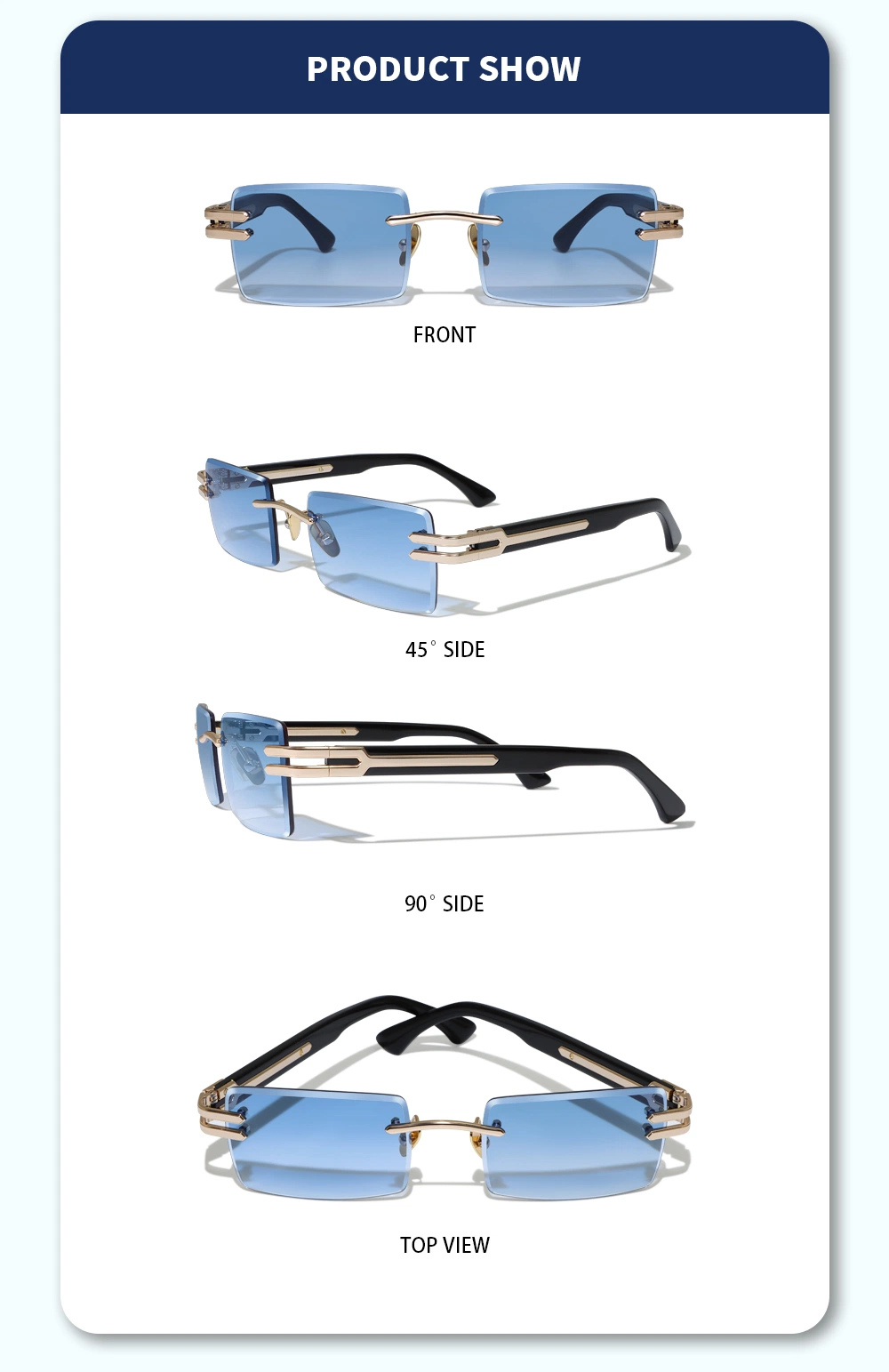 Yeetian Luxury Diamond Cut Blue Nylon Lens Small Rectangle Frameless Spectacle Men Women