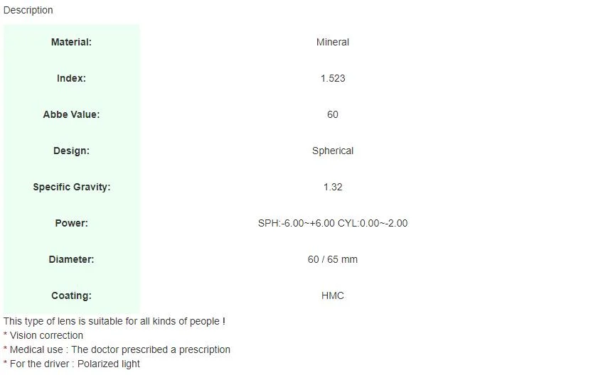 Semi-Finished 1.523 Mineral Single Vision Hc Glasses Lens