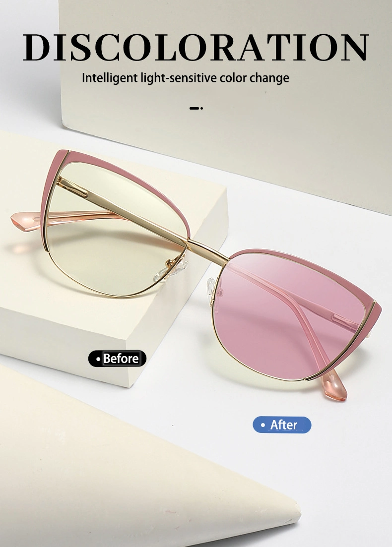 2023 New Arrivals Popular Colorful Design Intelligent Photochromic Metal Cat Eye Frame Optical Blue Light Blocking Glasses