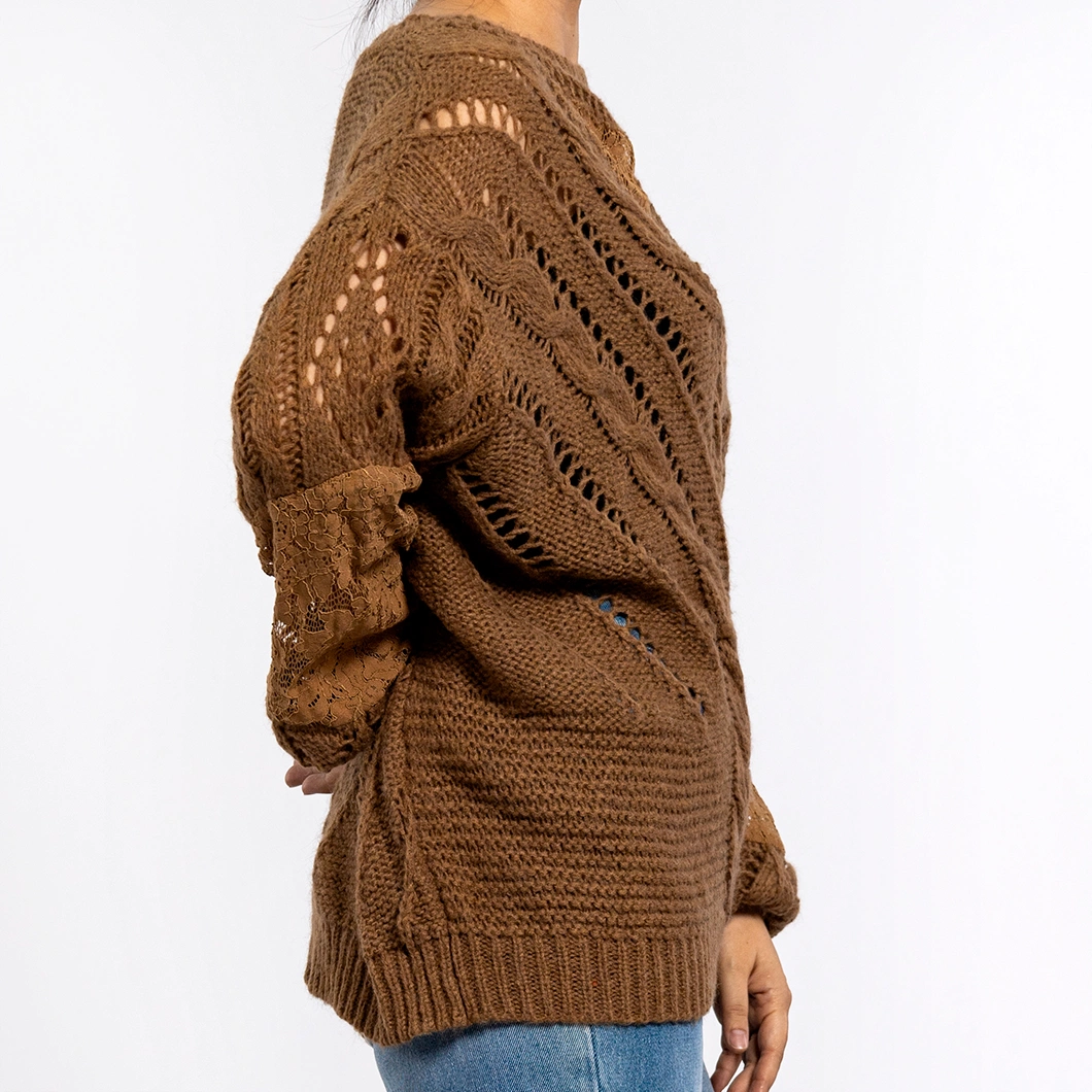 Women&prime;s Brown Hollow Print Texture Round Neck Long Sleeve Pullover Grunge Sweater Knit Top