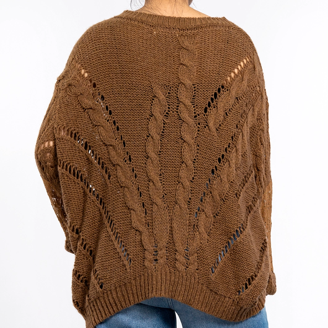 Women&prime;s Brown Hollow Print Texture Round Neck Long Sleeve Pullover Grunge Sweater Knit Top