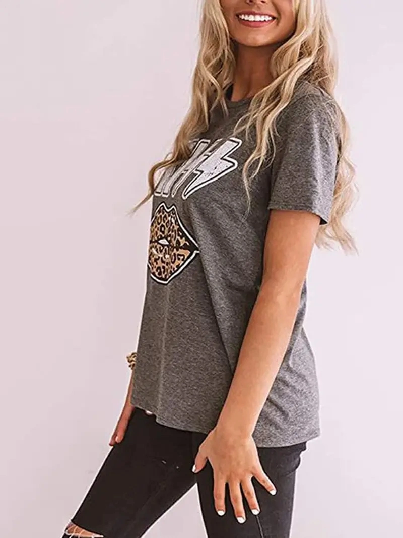 Vintage Kiss &amp; Leopard Lips Print T-Shirt, Retro Short Sleeve Round Neck T-Shirt Women&prime;s Clothing Tops