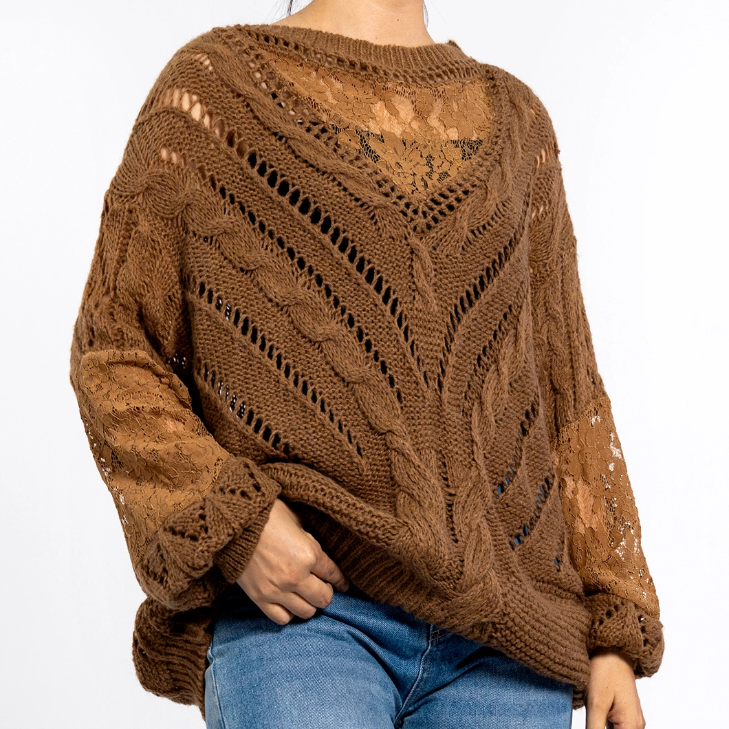 Women&prime;s Brown Hollow Print Texture Round Neck Long Sleeve Pullover Grunge Sweater Knit Top
