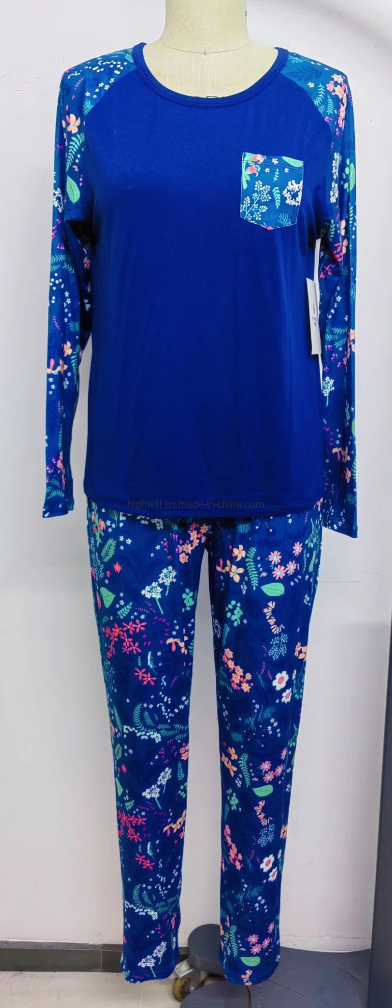 Print Knit Jersey Round Neck Long Sleeve Top with Pocket and Long Pant Set for Women