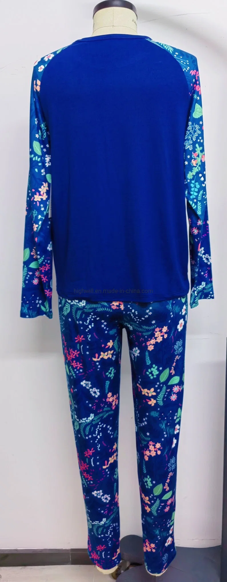 Print Knit Jersey Round Neck Long Sleeve Top with Pocket and Long Pant Set for Women