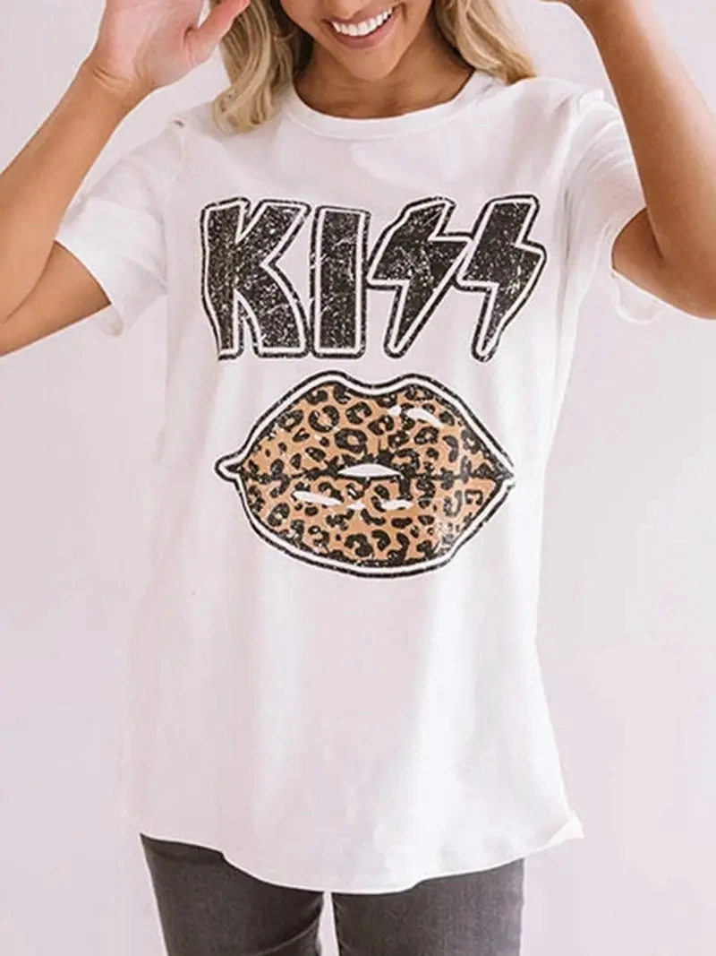 Vintage Kiss &amp; Leopard Lips Print T-Shirt, Retro Short Sleeve Round Neck T-Shirt Women&prime;s Clothing Tops