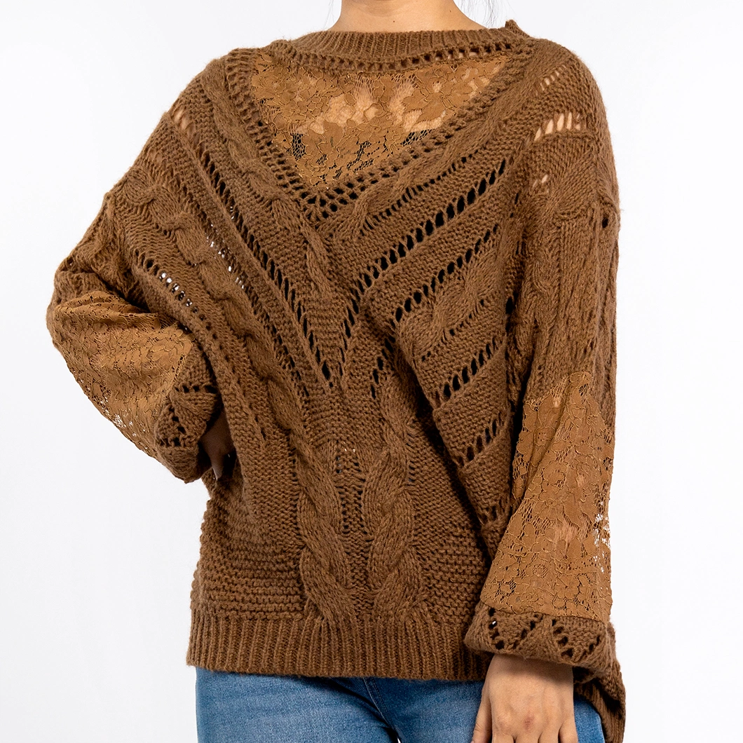 Women&prime;s Brown Hollow Print Texture Round Neck Long Sleeve Pullover Grunge Sweater Knit Top