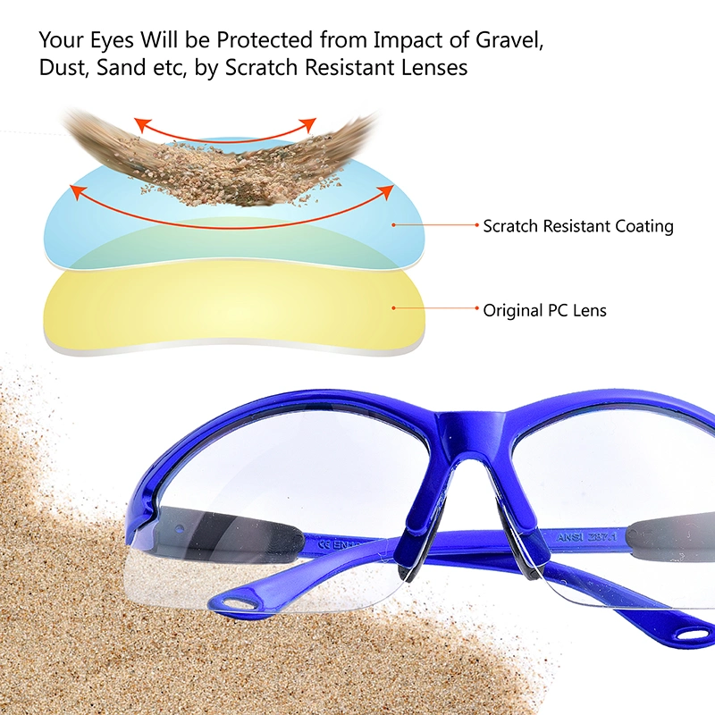 CE En 166f Anti Fog Anti Scratch Dust Proof Clear PC Lens Blue Frame Work Safety Glasses