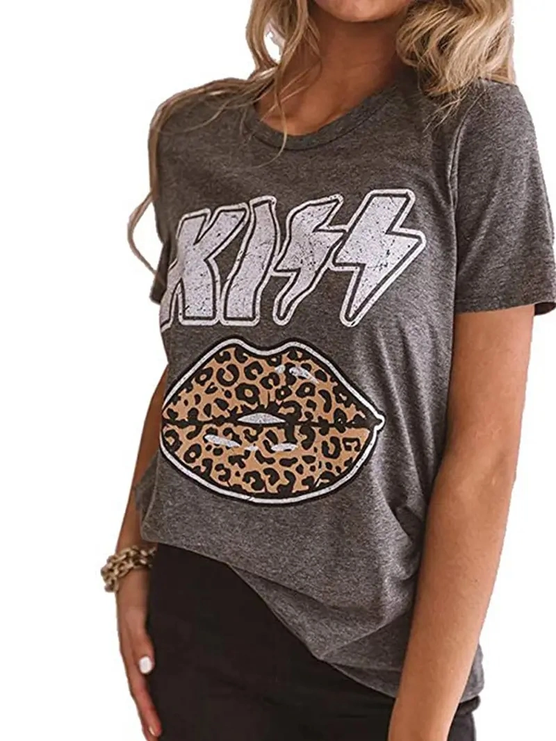 Vintage Kiss &amp; Leopard Lips Print T-Shirt, Retro Short Sleeve Round Neck T-Shirt Women&prime;s Clothing Tops