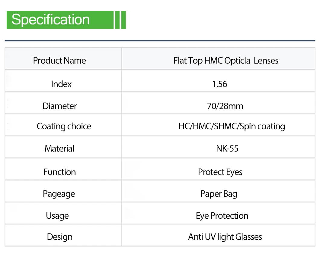 1.56 Bifocal Flat Top Hmc EMI Optical Lenses