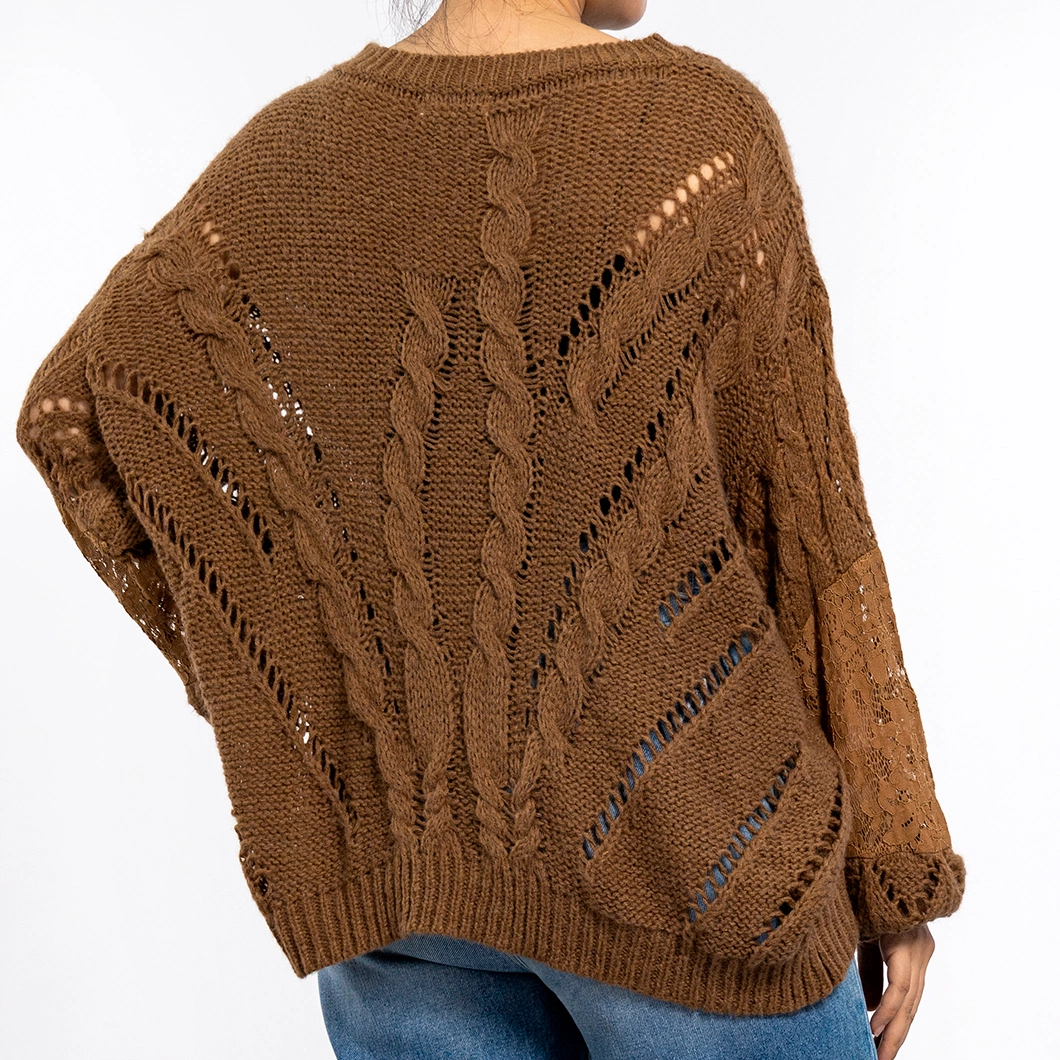 Women&prime;s Brown Hollow Print Texture Round Neck Long Sleeve Pullover Grunge Sweater Knit Top