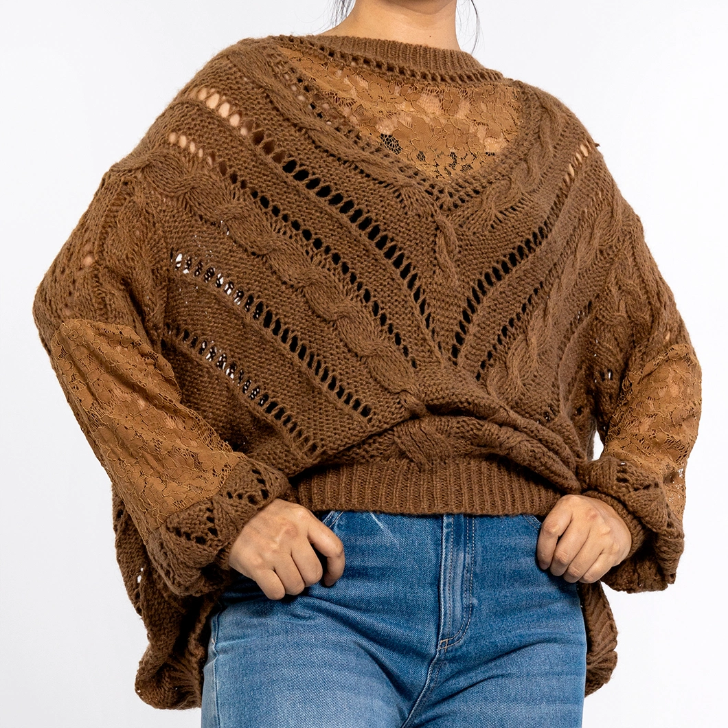 Women&prime;s Brown Hollow Print Texture Round Neck Long Sleeve Pullover Grunge Sweater Knit Top